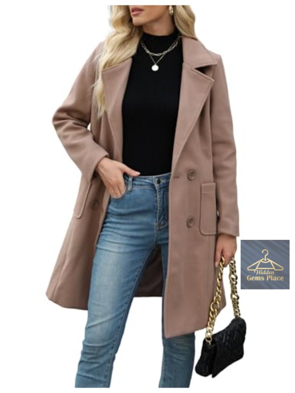Women Wool Blend Double-Breasted Pea Coat Winter Jacket Long Sleeve Button